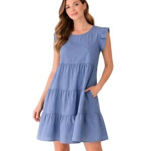 Vanessa Zani Dress Womens Large Blue Linen Short Sleeve Flowy Beach Coastal EUC